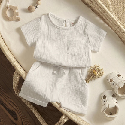 Shop our Stylish and comfortable outfits from Bubebaby, designed for children aged 0-6 years. Perfect for summer, these unisex sets are made from high-quality cotton linen and polyester, ensuring breathability and comfort. Features include a classic O-neck collar, regular short sleeves, and a pullover closure.