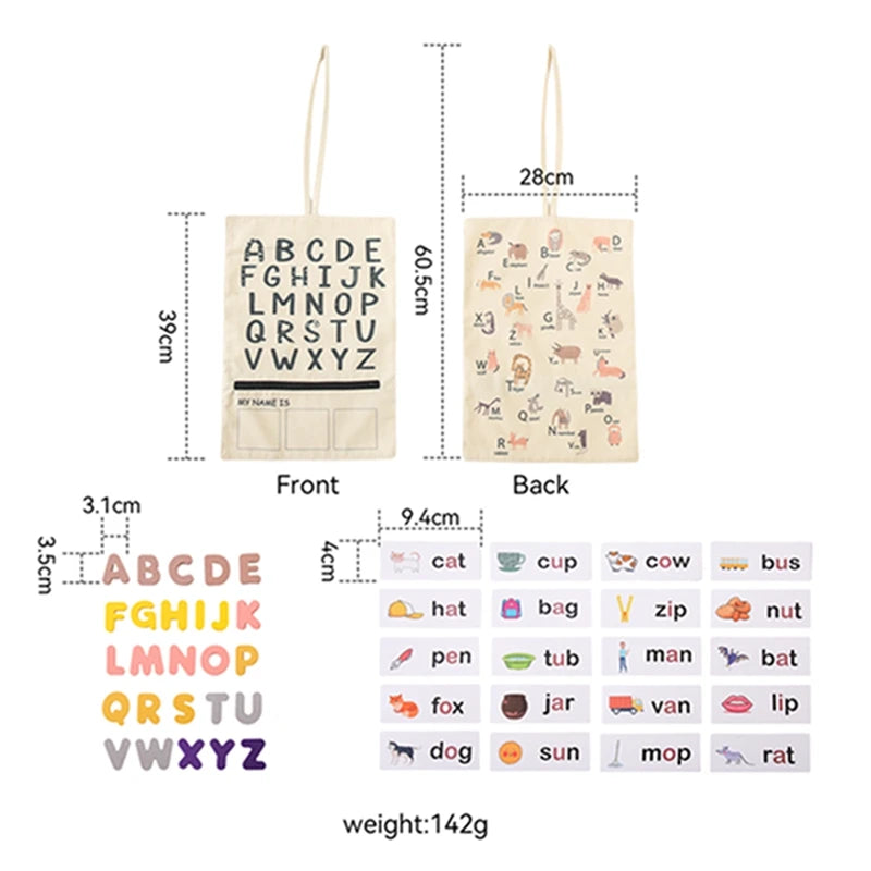 ABC canvas bag size guide with felt letters and picture word cards
