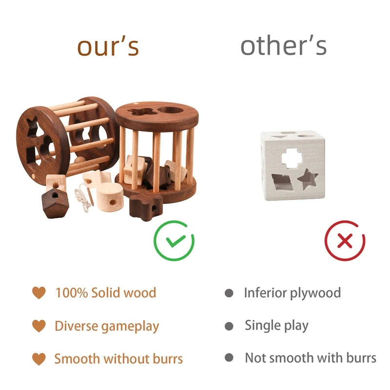 Solid wood shape sorter compared with a plywood shape box