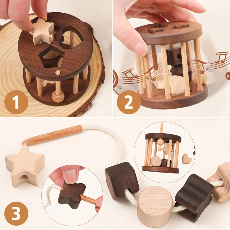 Three ways to play: posting shapes, rolling the cage and threading beads