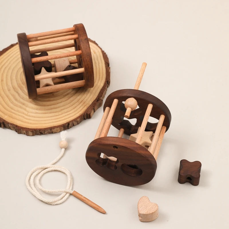 Wooden shape sorter and threading set with lacing cord and wooden needle