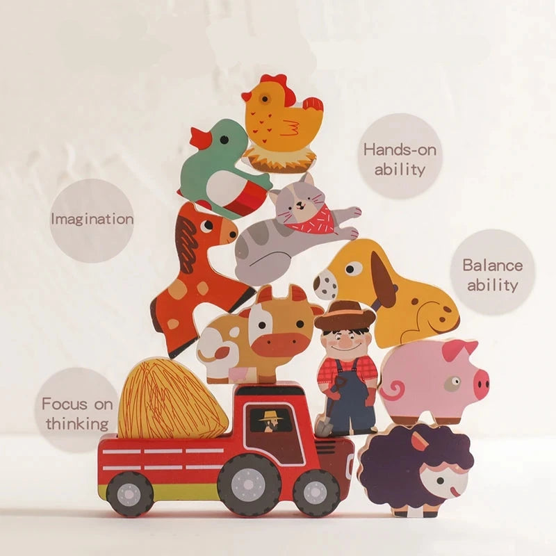 Wooden Montessori farm setting toy with a removable roof, two-story design, and detachable yard, suitable for ages 0-18+. Certified CE/CPC for safety. Promotes creativity and observation skills. Packaged in a gift box, weighs 812g