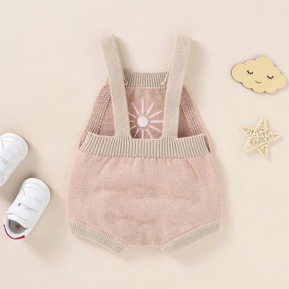  Baby unisex romper made from high-quality cotton and polyester, suitable for ages 0-24 months. The romper features a sleeveless design, straight collar, covered button closure, and a charming print pattern. Ideal for all seasons and available in various sizes to ensure a perfect fit.
