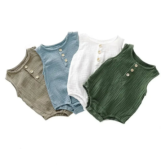 the BabyLove Sleeveless Romper at BubeBaby, designed for babies 0-24 months. Made from soft cotton, this solid-colored romper features an O-neck and covered button closure, perfect for summer
