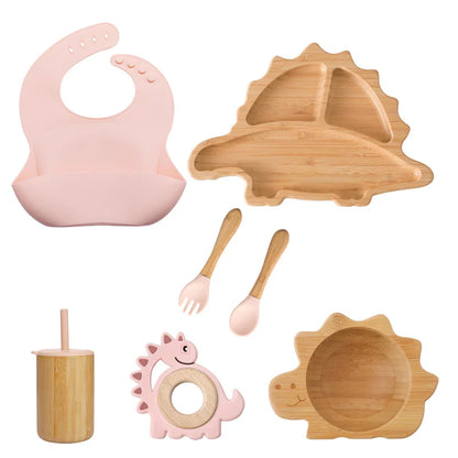 Eco-friendly Bubebaby Babylove 6-piece/7-piece Bamboo and Silicone Dinnerware Set for babies aged 6 months to 6 years. Made from BPA-free silicone and bamboo wood, this set includes a bowl, plate, fork, spoon, and teething toys, providing a safe and healthy mealtime experience. Certified by CE, EU, CIQ, and other standards for safety and quality