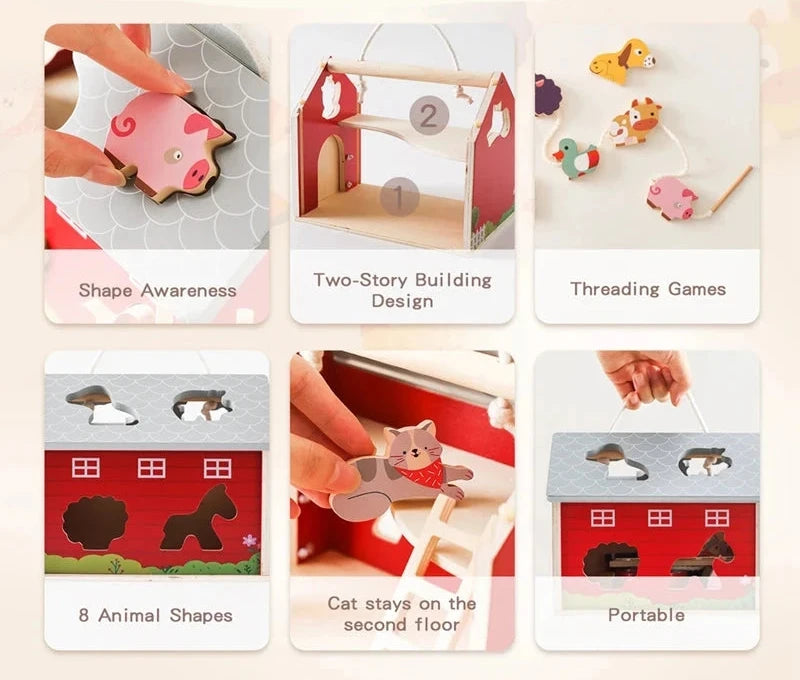 Wooden Montessori farm setting toy with a removable roof, two-story design, and detachable yard, suitable for ages 0-18+. Certified CE/CPC for safety. Promotes creativity and observation skills. Packaged in a gift box, weighs 812g