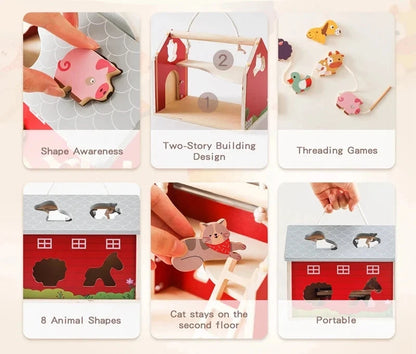 Wooden Montessori farm setting toy with a removable roof, two-story design, and detachable yard, suitable for ages 0-18+. Certified CE/CPC for safety. Promotes creativity and observation skills. Packaged in a gift box, weighs 812g