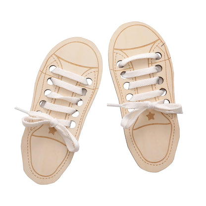 Montessori Wooden Shoe Thread Toy designed for fine motor skills and imaginative play at BubeBaby