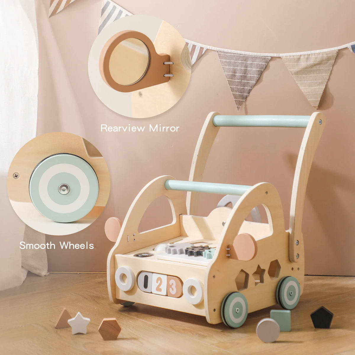 Wooden push walker showing its rear view mirror and smooth wheels