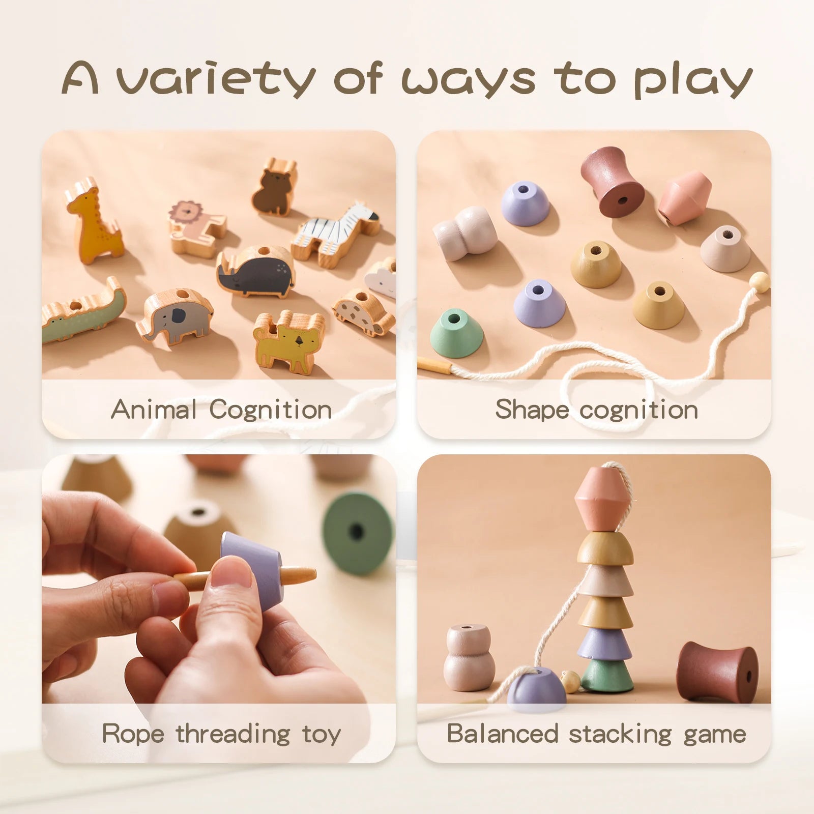 Montessori Wooden Animal Thread Toy designed for fine motor skills and imaginative play at BubeBaby