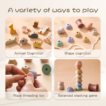 Montessori Wooden Animal Thread Toy designed for fine motor skills and imaginative play at BubeBaby