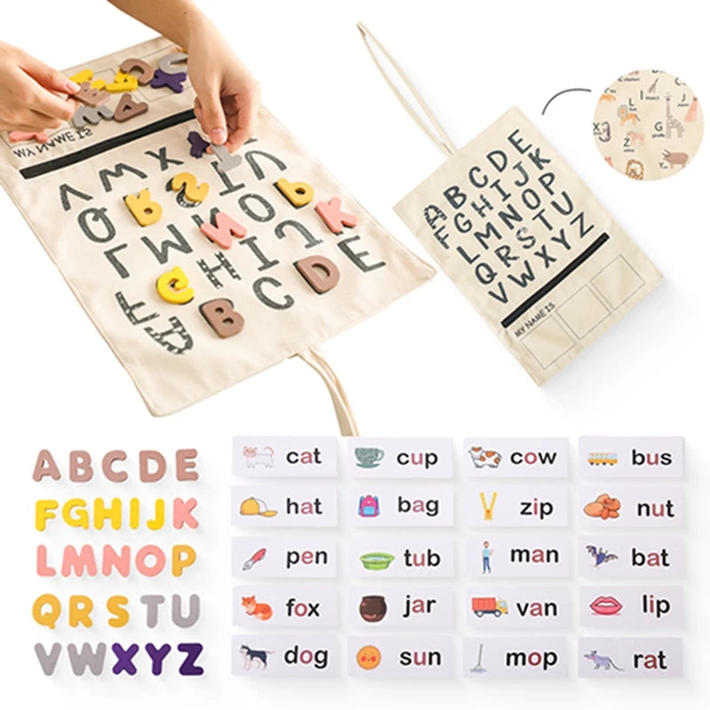 ABC canvas board and bag shown with the full felt letter set and word cards