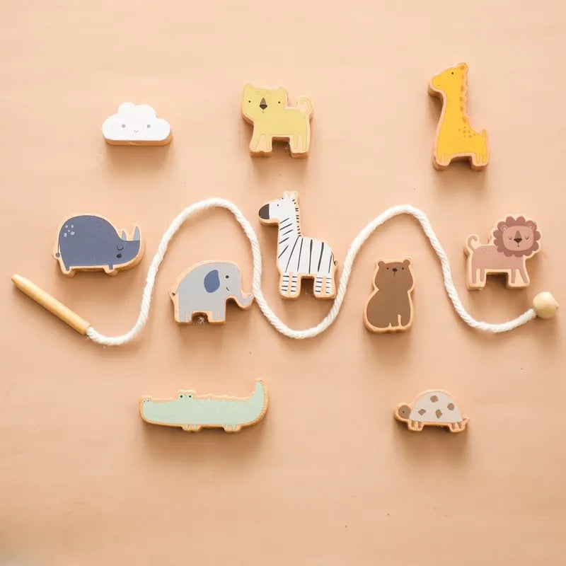 Montessori Wooden Animal Thread Toy designed for fine motor skills and imaginative play at BubeBaby