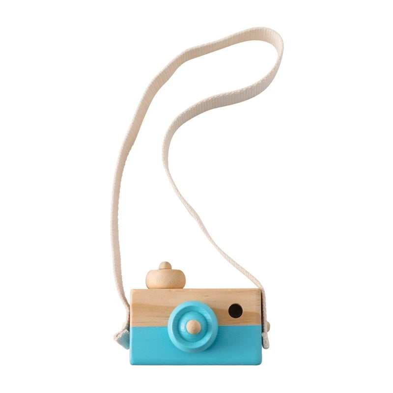 Babylove Wooden Vintage Camera in 8 colors, ideal for baby room decoration and play, designed with soft, textured surfaces for children aged 3-6 years. Unisex, CE certified, and Montessori-inspired