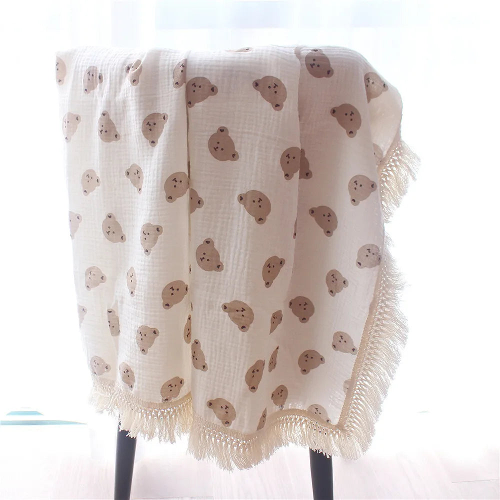 Nursery Muslin Throw Bears at BubeBaby. This unisex throw is made from soft, breathable cotton muslin, perfect for babies. Ideal for snuggling and keeping cozy, it’s designed for comfort and style. Shop now for a versatile, high-quality addition to your nursery essentials