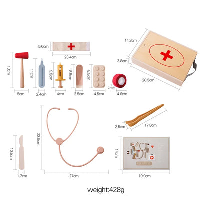 Babylove Bubebaby Montessori Doctor Set made from high-quality wood and silicone, suitable for children aged 3-14 years. The set includes various medical tools, designed to enhance developmental play