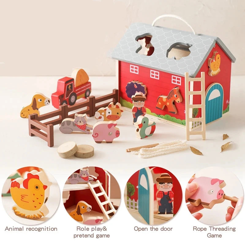Wooden Montessori farm setting toy with a removable roof, two-story design, and detachable yard, suitable for ages 0-18+. Certified CE/CPC for safety. Promotes creativity and observation skills. Packaged in a gift box, weighs 812g