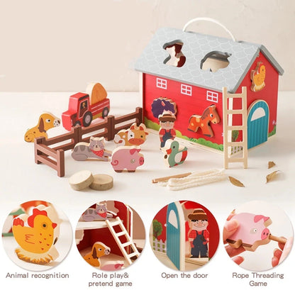 Wooden Montessori farm setting toy with a removable roof, two-story design, and detachable yard, suitable for ages 0-18+. Certified CE/CPC for safety. Promotes creativity and observation skills. Packaged in a gift box, weighs 812g
