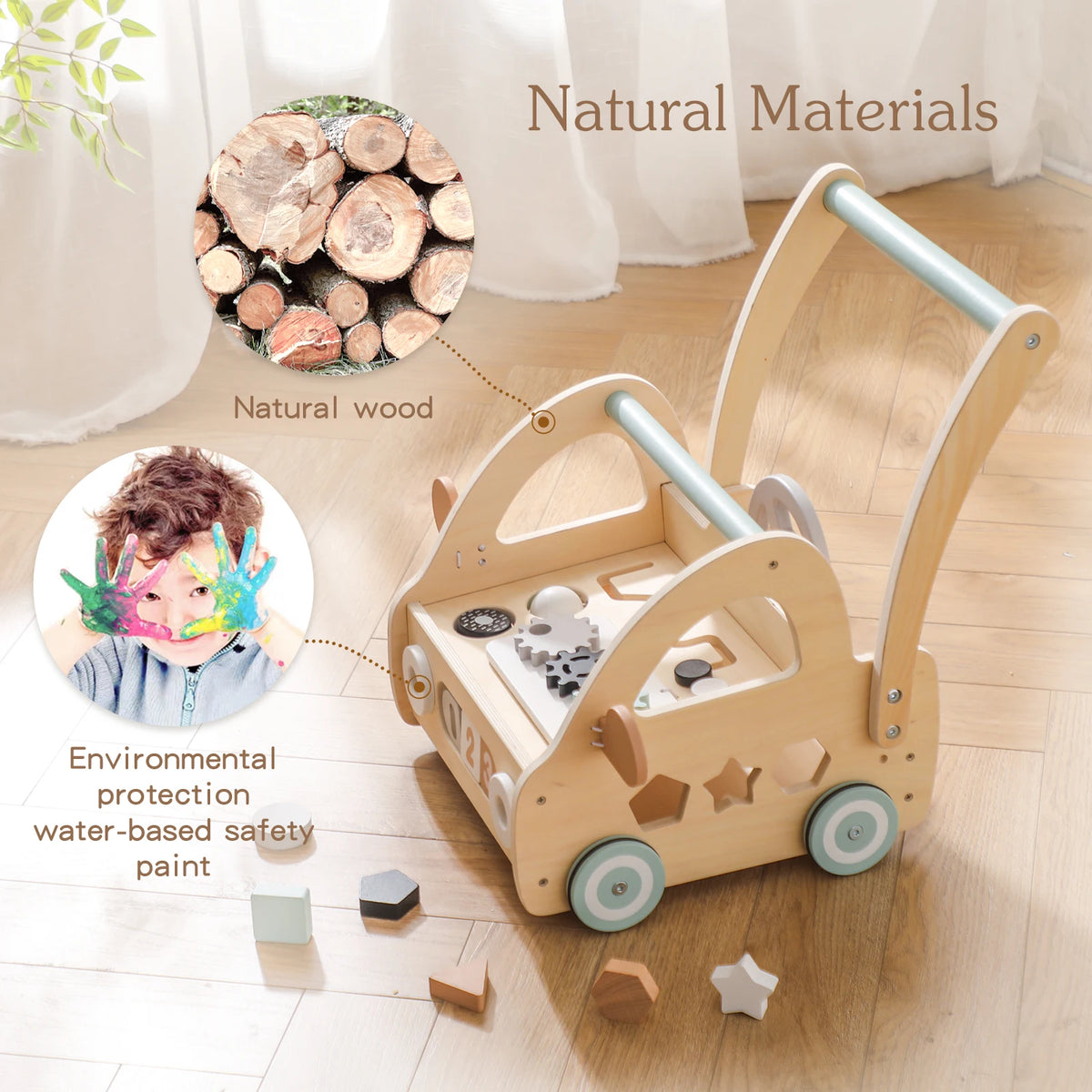 Wooden push walker on a wooden floor with a close-up of its natural wood