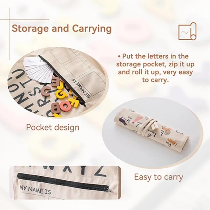 Zip storage pocket and rolled carry bag of the ABC canvas puzzle