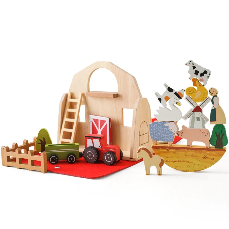 Wooden Montessori farm setting toy with a removable roof, two-story design, and detachable yard, suitable for ages 0-18+. Certified CE/CPC for safety. Promotes creativity and observation skills. Packaged in a gift box, weighs 812g