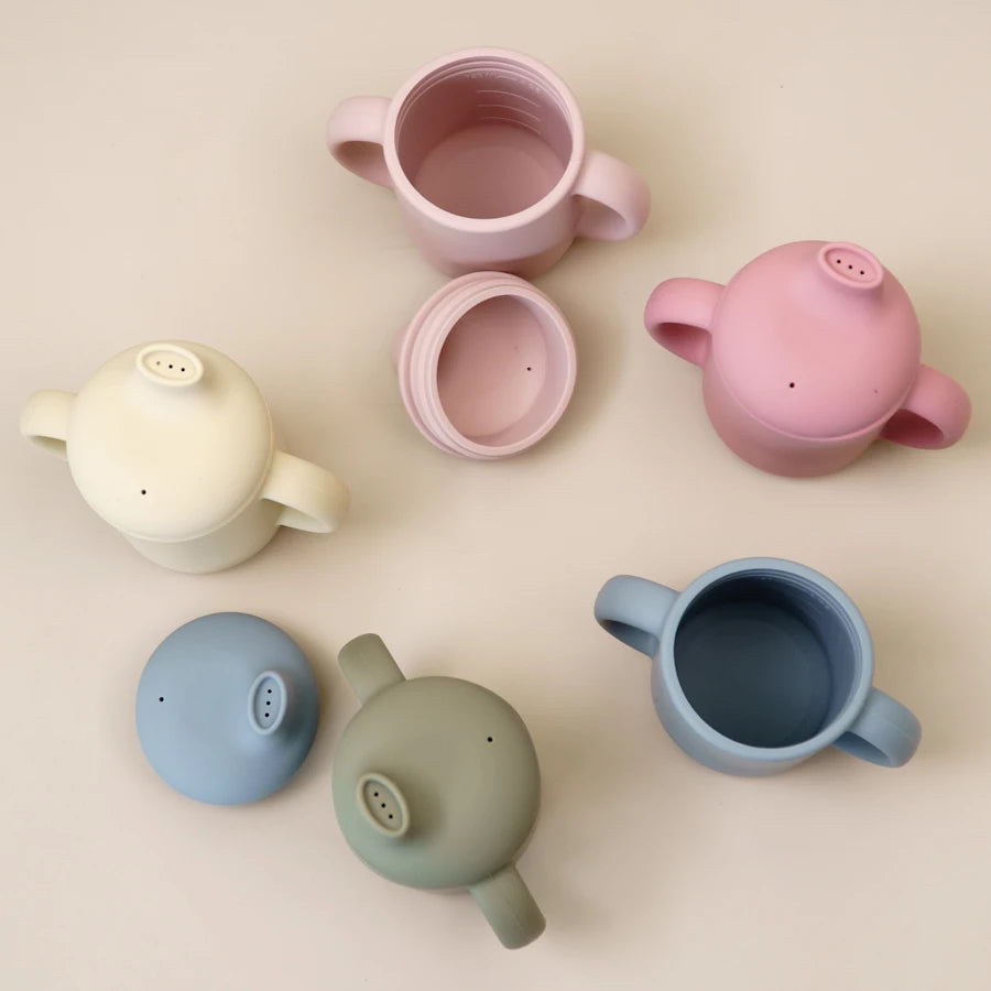 Silicone sippy cups and spout lids from above