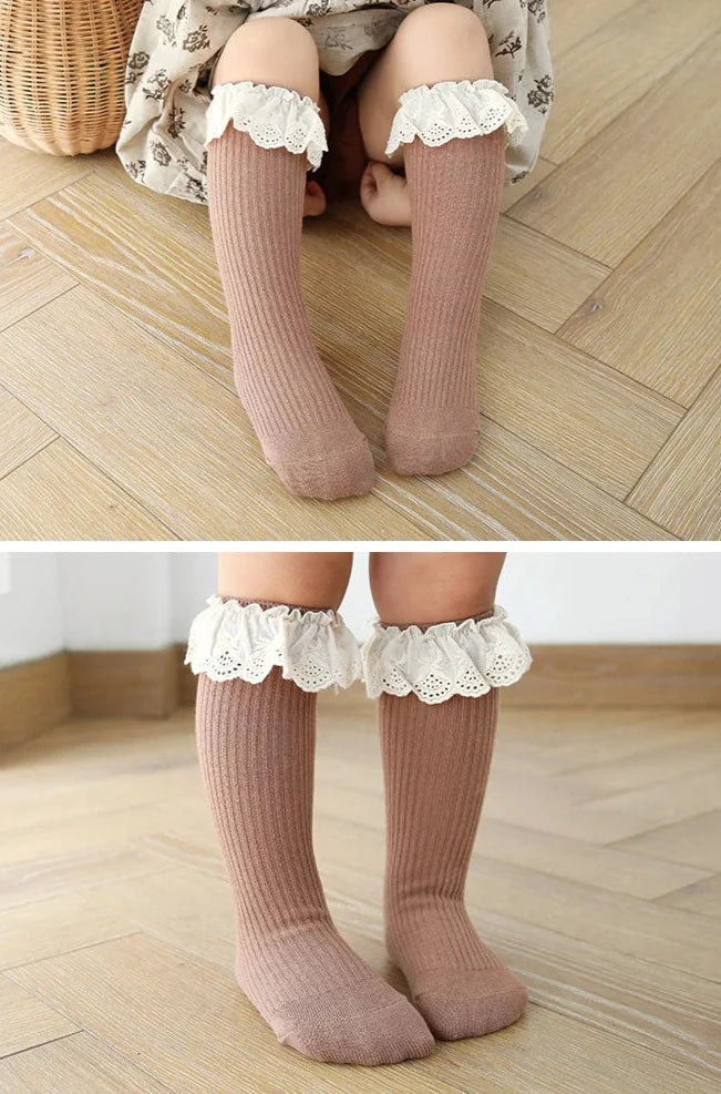 Bubebaby Babylove socks, perfect for all occasions. Made from cotton and polyester, these breathable comfortable, and skin-friendly socks are made with a solid pastoral style  featuring a ruffled frill finish