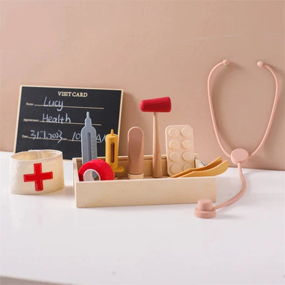Babylove Bubebaby Montessori Doctor Set made from high-quality wood and silicone, suitable for children aged 3-14 years. The set includes various medical tools, designed to enhance developmental play