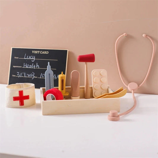 Babylove Bubebaby Montessori Doctor Set made from high-quality wood and silicone, suitable for children aged 3-14 years. The set includes various medical tools, designed to enhance developmental play