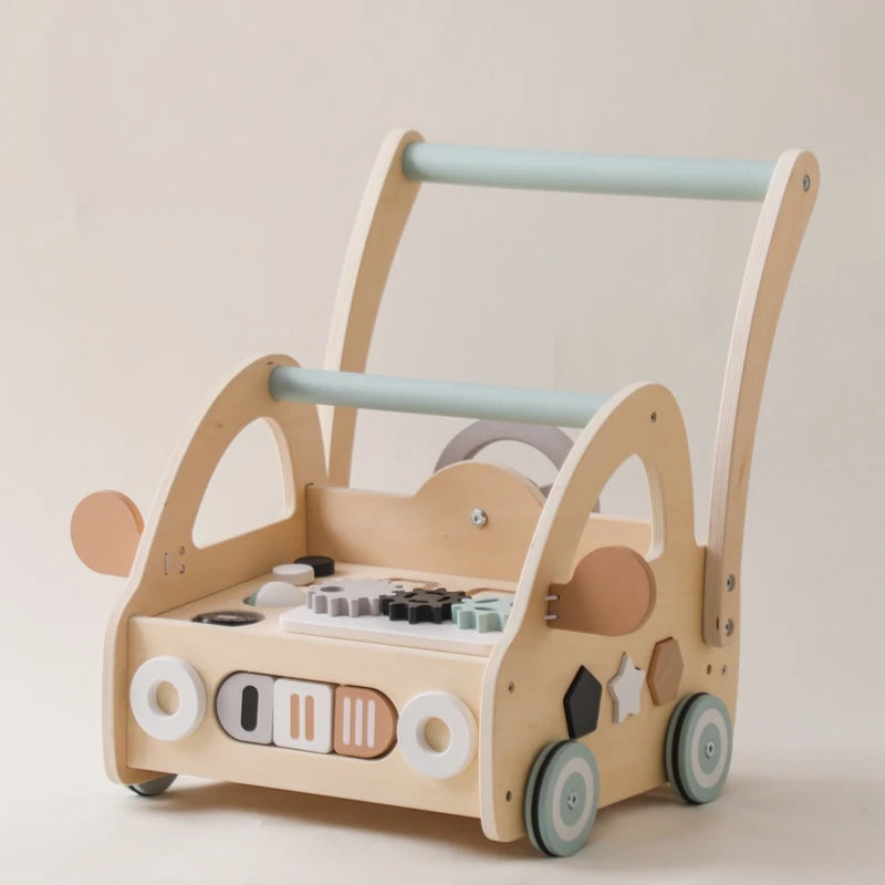 Front view of the wooden activity push walker