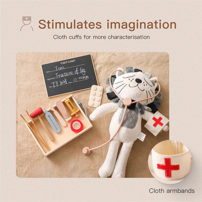 Babylove Bubebaby Montessori Doctor Set made from high-quality wood and silicone, suitable for children aged 3-14 years. The set includes various medical tools, designed to enhance developmental play