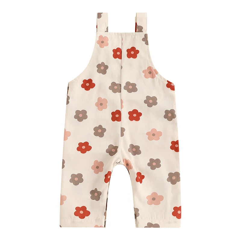 Bubebaby BabyLove Floral Jumpsuit Dungaree Romper. The romper features a floral pattern with a mix of vibrant colors. Featuring a pocket on the chest with shoulder straps, and snap closures at the bottom for easy diaper changes.