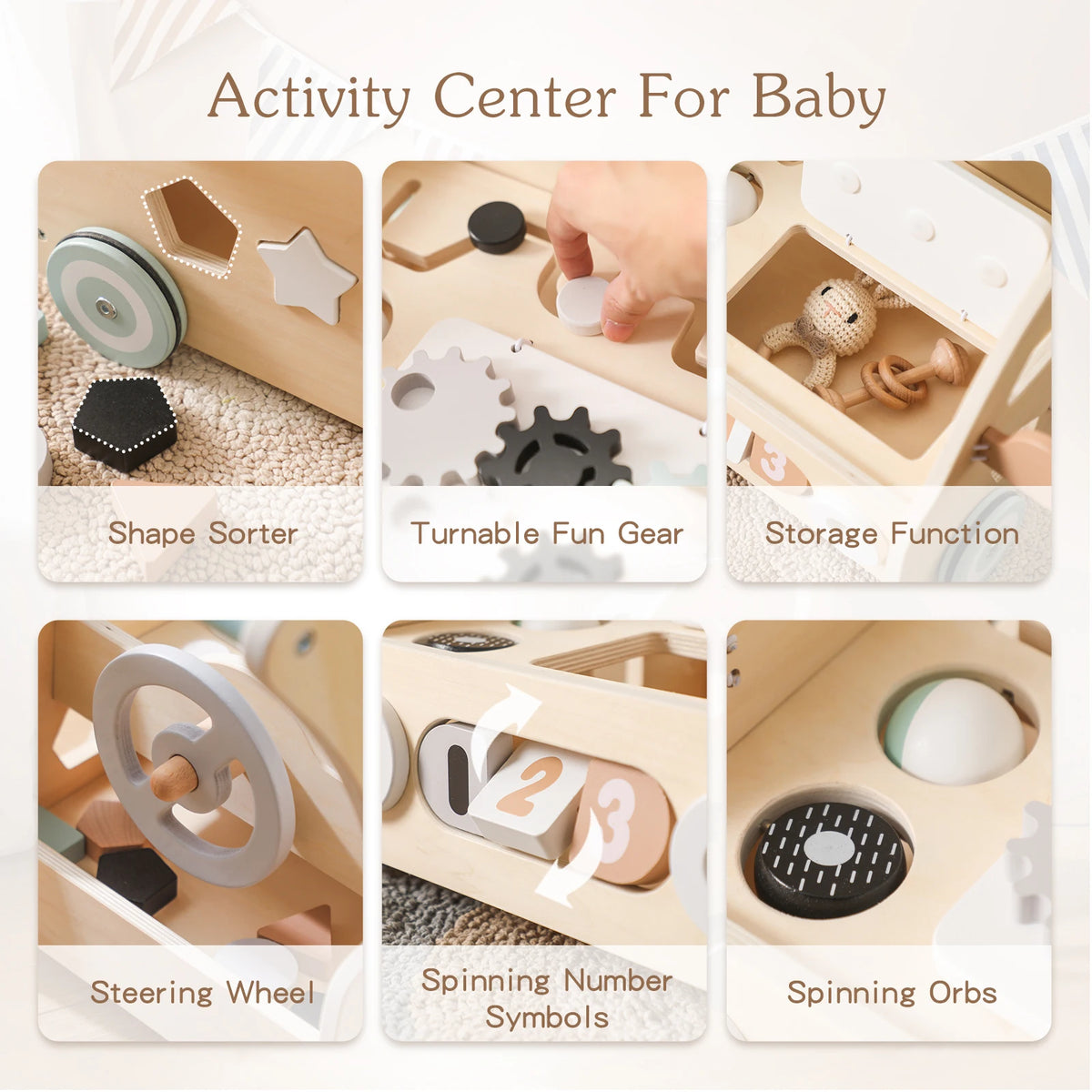 Push walker activities: shape sorter, gears, storage, steering wheel, number blocks and orbs
