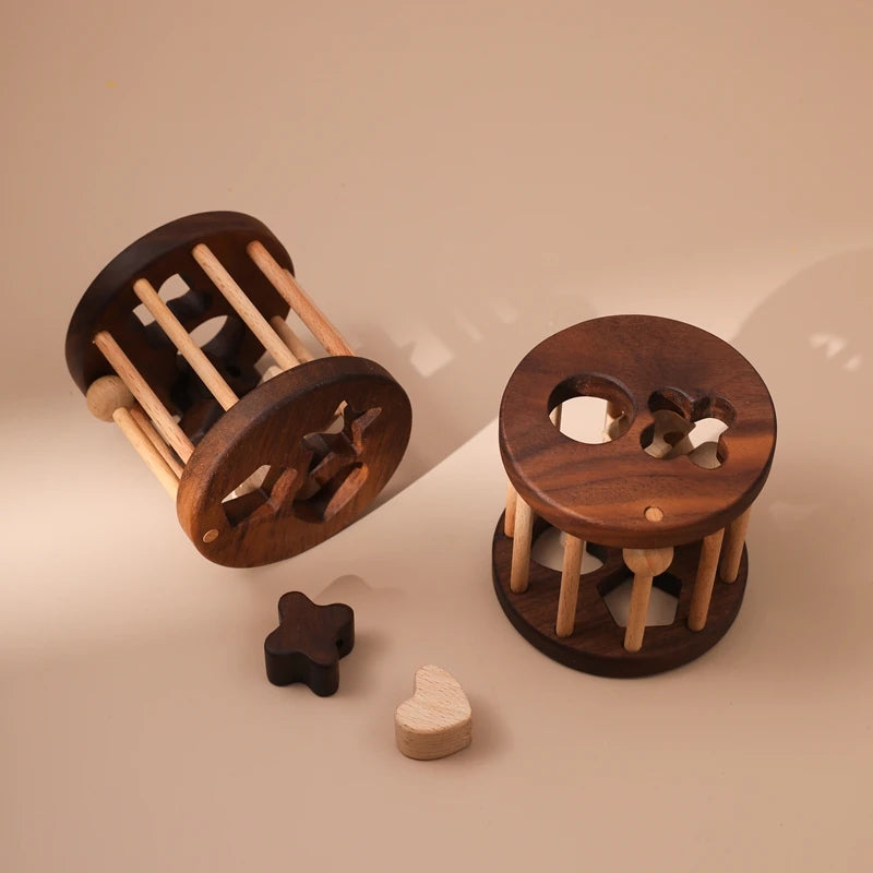 Walnut and beech shape sorters with loose wooden shapes