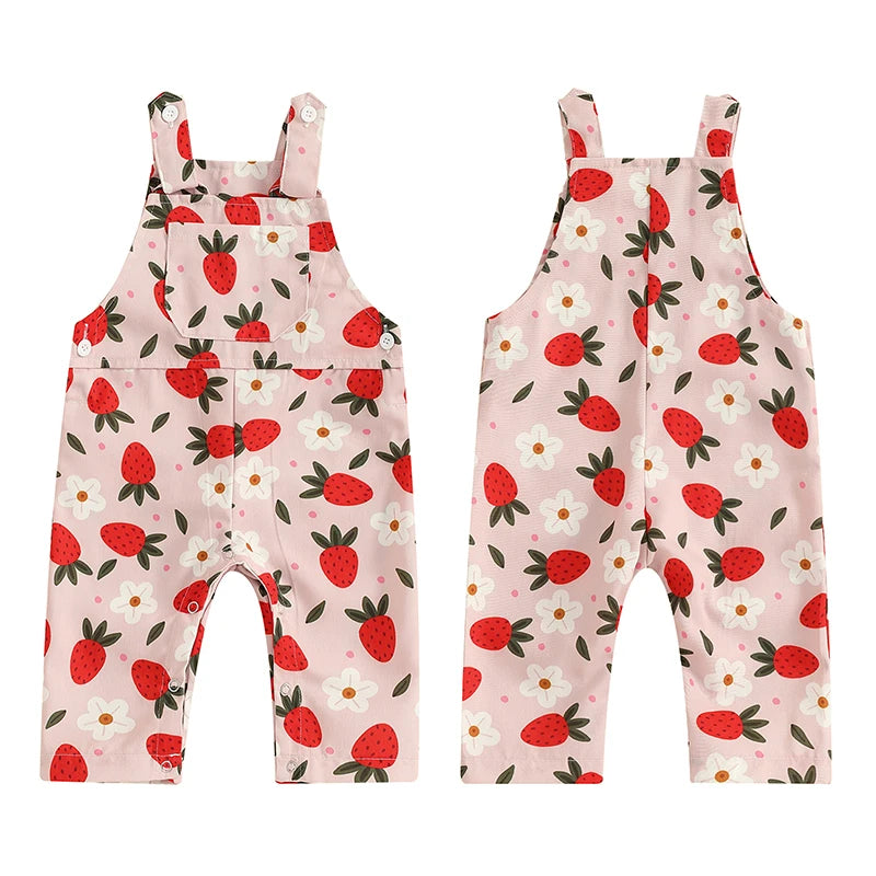 Bubebaby BabyLove Floral Jumpsuit Dungaree Romper. The romper features a floral pattern with a mix of vibrant colors. Featuring a pocket on the chest with shoulder straps, and snap closures at the bottom for easy diaper changes