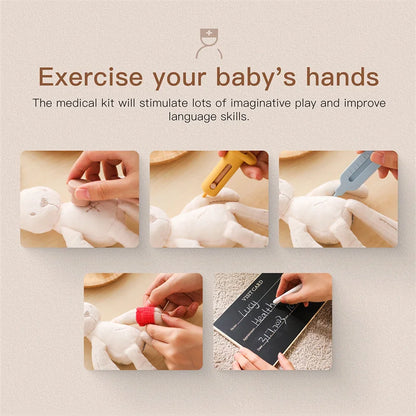 Babylove Bubebaby Montessori Doctor Set made from high-quality wood and silicone, suitable for children aged 3-14 years. The set includes various medical tools, designed to enhance developmental play