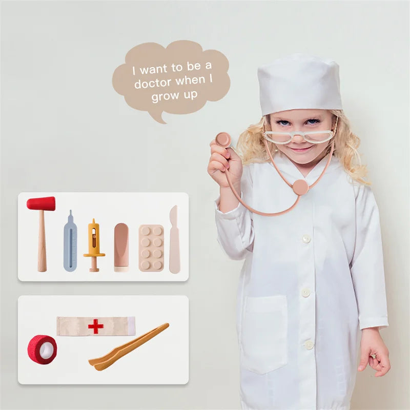 Babylove Bubebaby Montessori Doctor Set made from high-quality wood and silicone, suitable for children aged 3-14 years. The set includes various medical tools, designed to enhance developmental play
