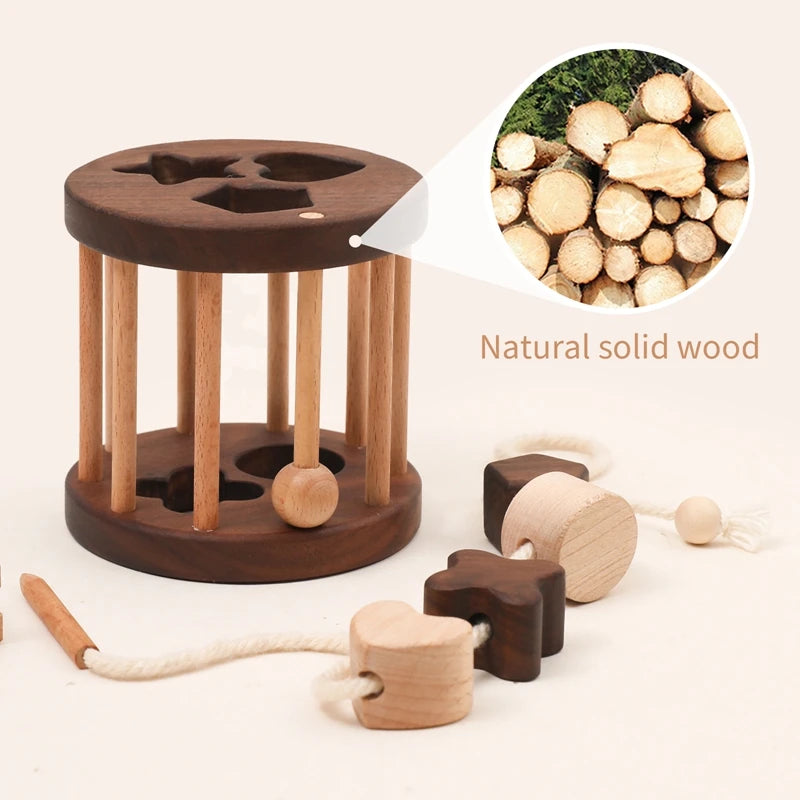 Wooden shape sorter cage with threading shapes and cotton cord