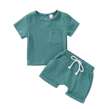 Shop our Stylish and comfortable outfits from Bubebaby, designed for children aged 0-6 years. Perfect for summer, these unisex sets are made from high-quality cotton linen and polyester, ensuring breathability and comfort. Features include a classic O-neck collar, regular short sleeves, and a pullover closure.