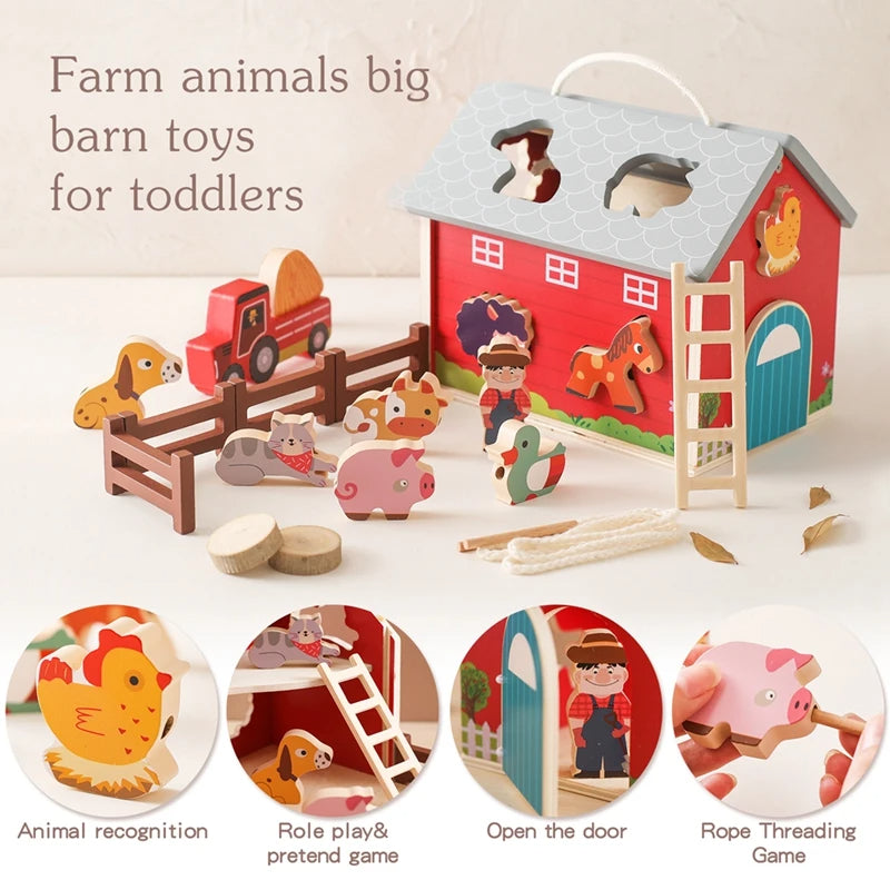 Wooden farm barn with animals and tractor