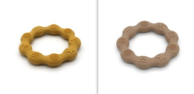 Silicone textured ring teether pair in mustard yellow and khaki