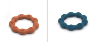 Silicone textured ring teether pair in orange and dark blue