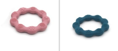 Silicone textured ring teether pair in pink and dark blue