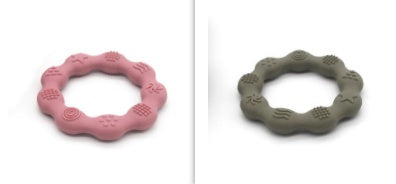 Silicone textured ring teether pair in pink and sage green