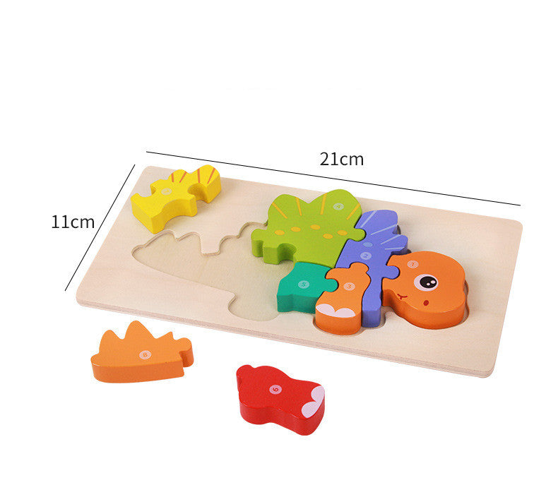 Stegosaurus wooden dinosaur puzzle in its tray with size