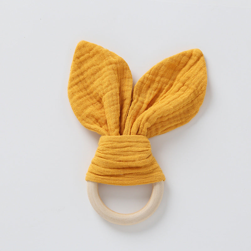 Mustard yellow muslin bunny ear teether ring