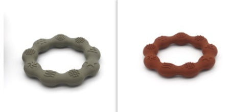 Silicone textured ring teether pair in sage green and rust brown