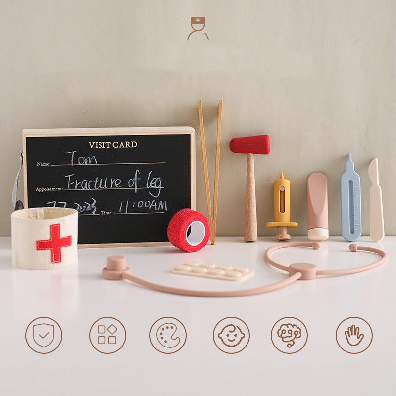 Wooden pretend doctor kit with stethoscope and bandage