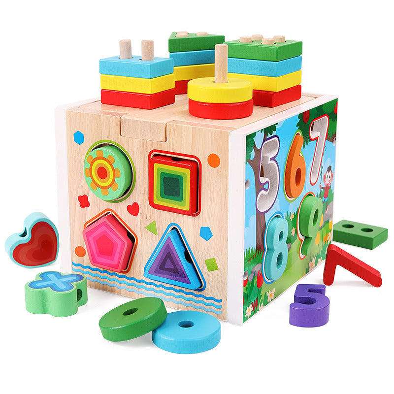 Wooden shape, number and lacing cube with shape pieces on white background