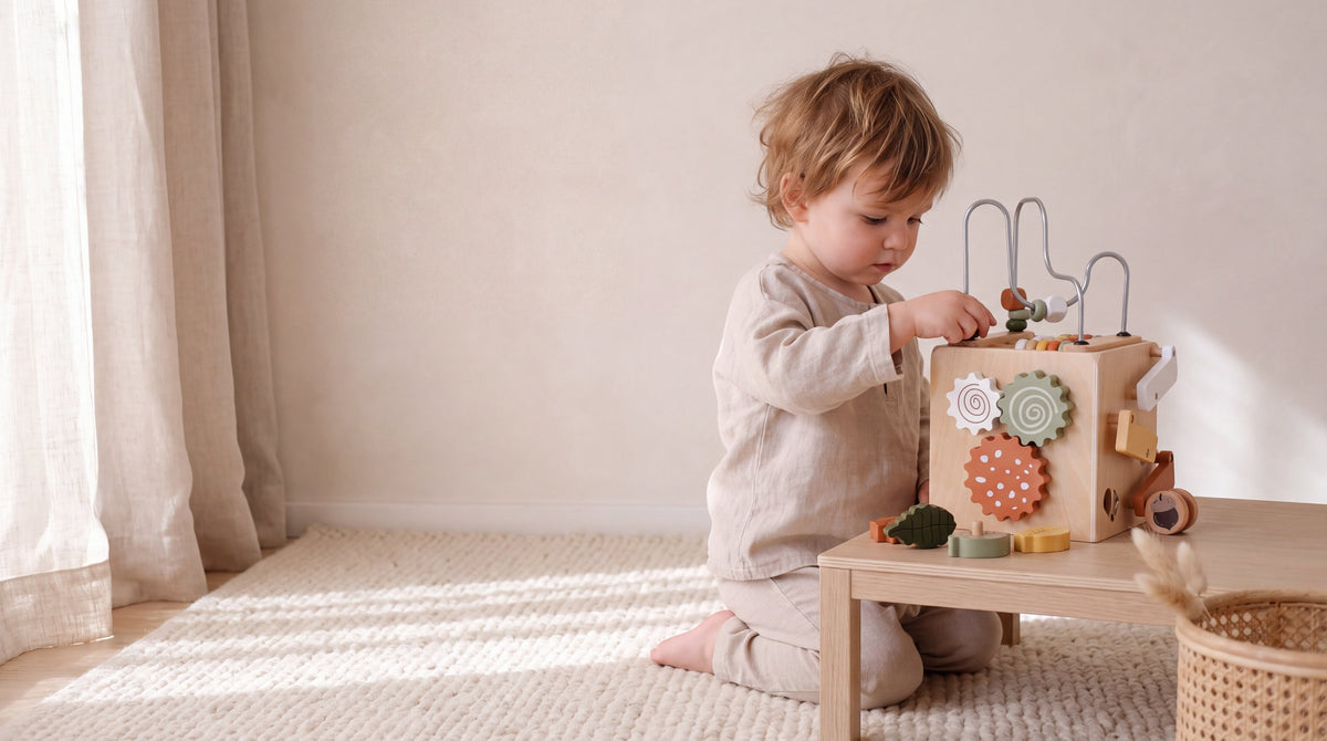 A toddler kneeling at a low table, moving a bead along a wooden activity cube